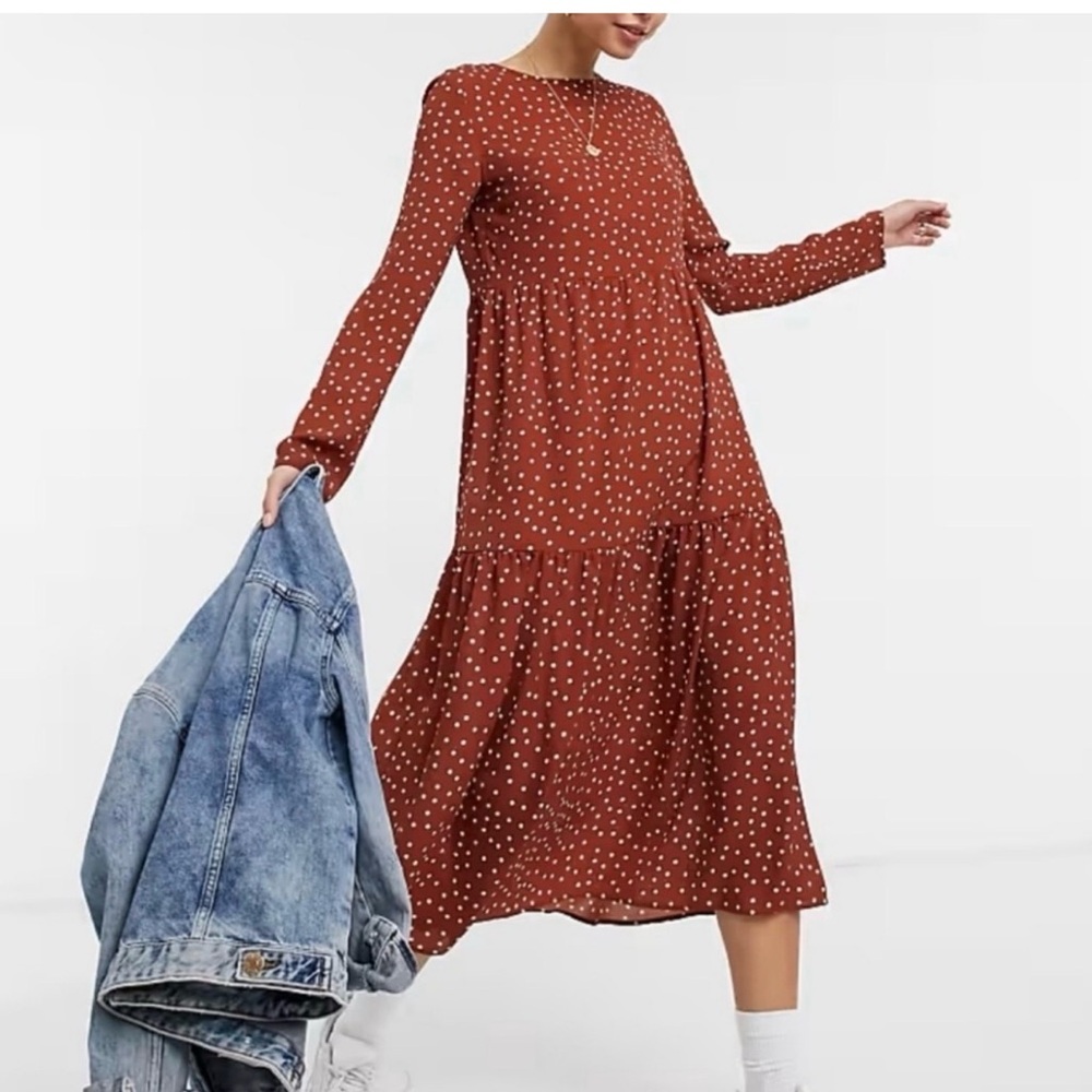 ASOS Curve Burnt Orange Polka Dot Long Sleeve Dress